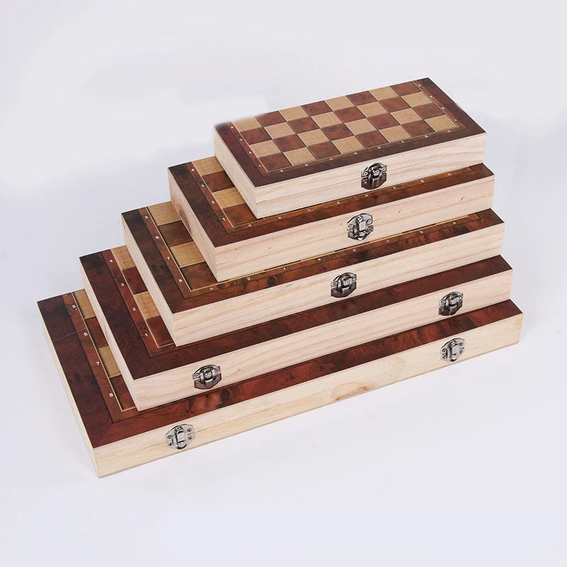 9.5 Inches 24cm 3-in-1 Wooden Indoor Travel Chess Set Folding Chessboard with Backgammon & Checkers Features