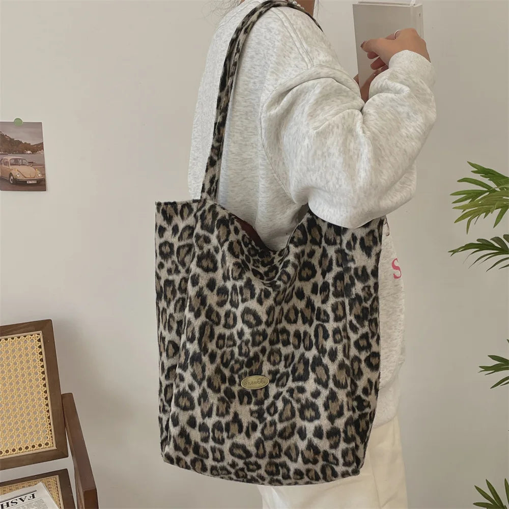 Soft Woolen Retro Plaid Women's Shoulder Bags Large Capacity Double-sided Ladies Shopping Bag Leopard Female Tote Handbags