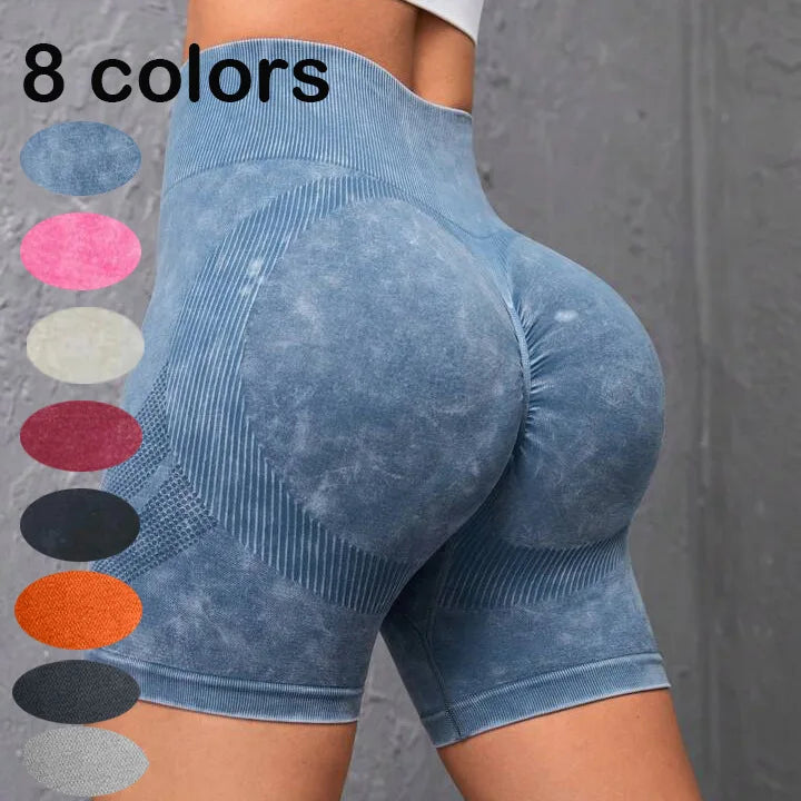 Custom Logo Wash Acid Frosted Scrunch Butt Shorts for Women High Waist Tummy Control Slim Quick Drying Sport Fitness Yoga Shorts