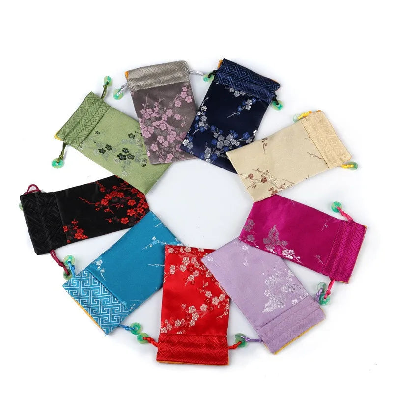 15*9cm Plum Blossom Embroidered Satin Jewelry Pouches Eco-Friendly Brocade Gifts Bags for Wedding Parties for Pouches Satin MegaBDM