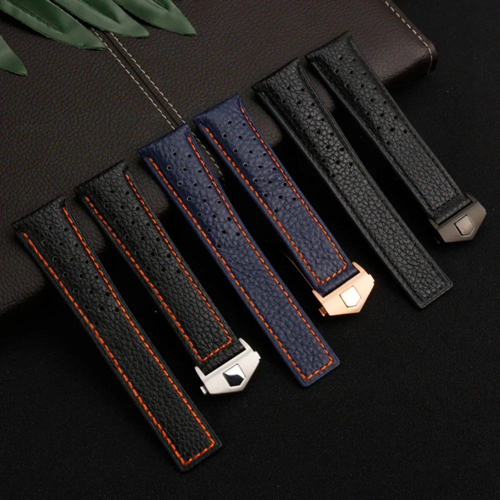 Adjustable Watch Band 22mm Black Blue Calf Genuine Leather Strap Vintage Replacement Wrist Folding Buckle Leather Watch Strap