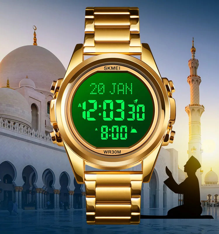 New Arrival Skmei 1667 Qibla Azan Sport Muslim Prayer Time Luxury Gold Crystal 18mm Digital Wristwatch Water Resistant