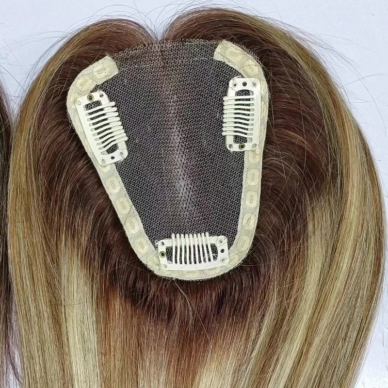 Popular Cheaper Short French swiss Lace Toppers Remy Hair Brown Ombre Blonde Human Hair Toppers with Clips