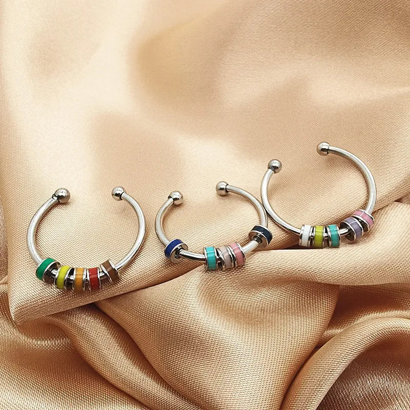 Open Cuff Adjustable 5 Beads Stainless Steel with Enamel Spinning Anti Anxiety Rotate Moving Bead Ring Finger Rings Jewelry