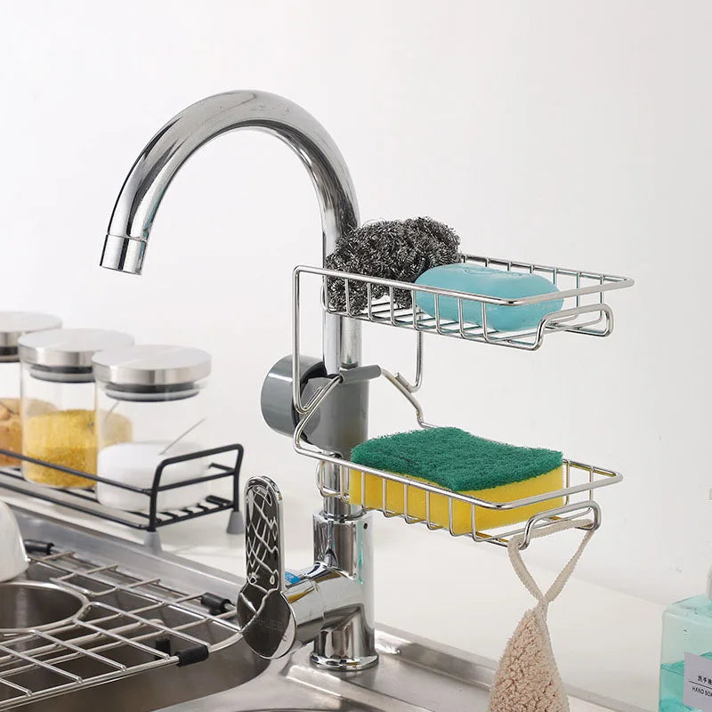 2021 Tiktok Hot Sale Stainless Steel Double Tier Modern Kitchen & Bathroom Faucet Rack Sponge Sink Caddy Organizer