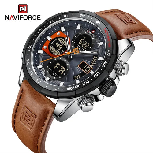 NAVIFORCE 9197 SGYOBN Genuine Leather Quartz Male Watch the Chase  LCD Digital Sport Chronograph Waterproof Watches for Men