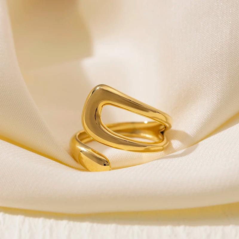 18K Gold Plated Stainless Steel Geometric Opening Ring Fashionable Woman's Waterproof Jewelry for Weddings Engagements Gifts