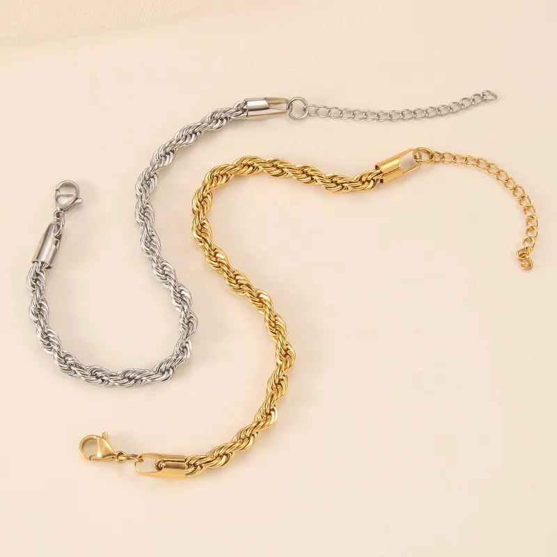 DEE.LUN BSCI Jewelry Factory for Men Women 5mm Gold Plated Classic Twist Rope Chain Bracelet Stainless Steel Gift