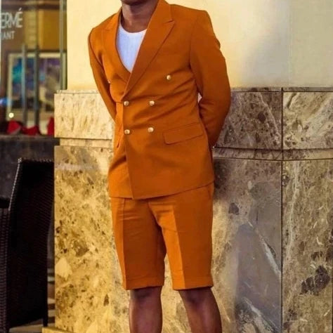 New Summer Men Suits Prom Terno Masculino Groom Fashion Double Breasted Blazer Wedding 2 Pieces (Jacket+Short Pants)