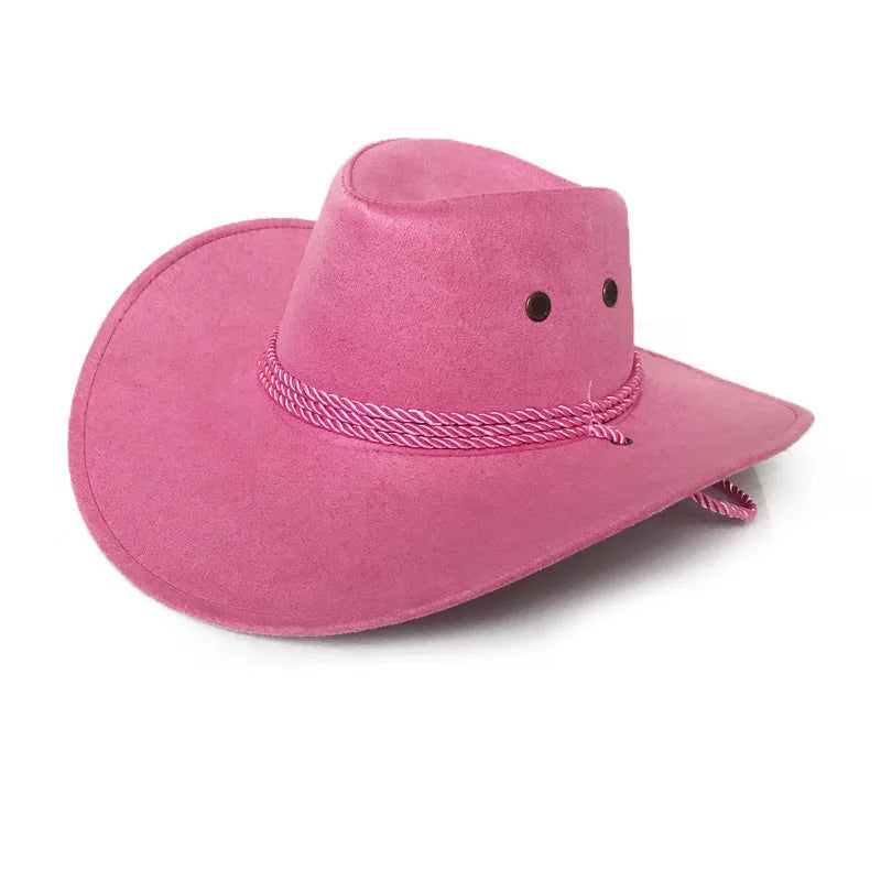 Faux Felt Wide Brim Western Cowboy Hat Suede Outdoor Sunshade Hat Men's Riding Hat With Strap