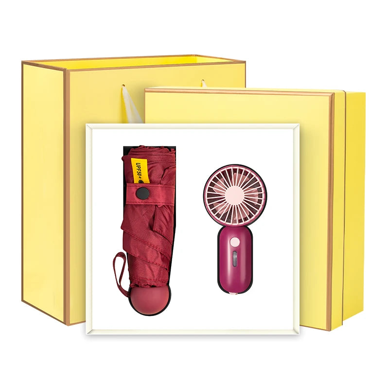 ABS Mini Fan Gift Set Box with 3 Wind Speeds Five-Fold Umbrella for Promotional & Business Use