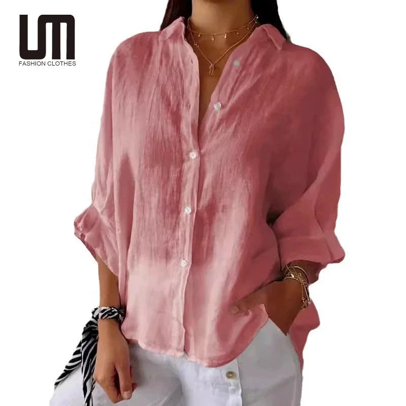 Clearance Sales Hot Product Spring Summer Elegant Fashion Button up Loose Cotton Linen Polyester Plus Size Shirts for Women