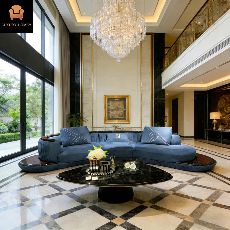 Luxury Hotel Villa Club Sofa Set Velvet Fabric Sofa Sectionals Half Round Blue Home Furniture Living Room Leather Sofa Modern