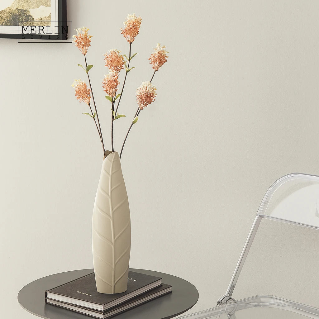 Merlin Living Modern Home Decor Leaf-Shaped Nordic Vase Matte White Ceramic Living Room Accessories