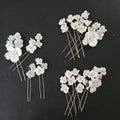 SLBRIDAL Handmade Alloy Leaf Ceramic Flower Pearls Bridal Hair Pins Set Wedding Hair Sticker Hair Accessories Women Jewelry