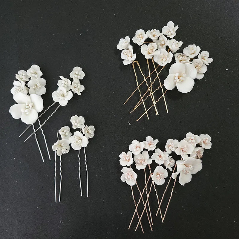 SLBRIDAL Handmade Alloy Leaf Ceramic Flower Pearls Bridal Hair Pins Set Wedding Hair Sticker Hair Accessories Women Jewelry