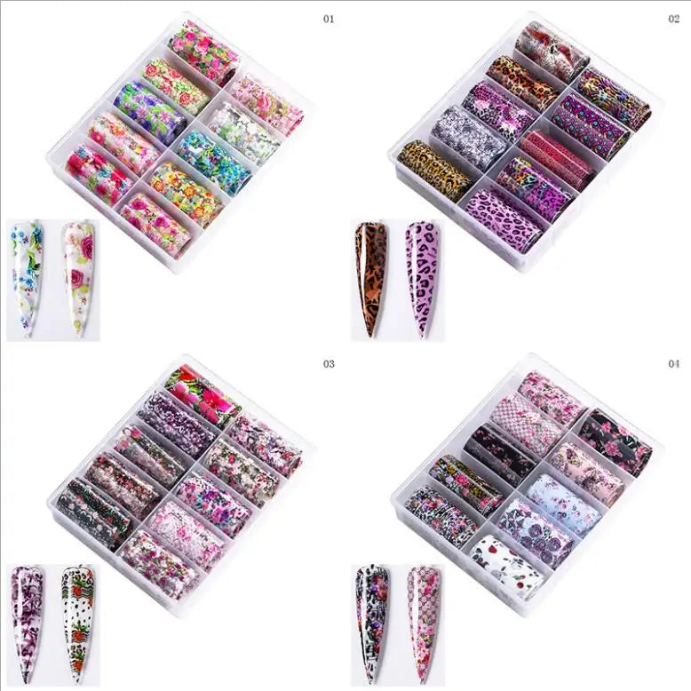 Set 10 Rolls/Box 3D Adhesive Nail Art Wraps Floral Transfer Stickers Flowers Charms Acrylic Decals for Nail Tops Plastic