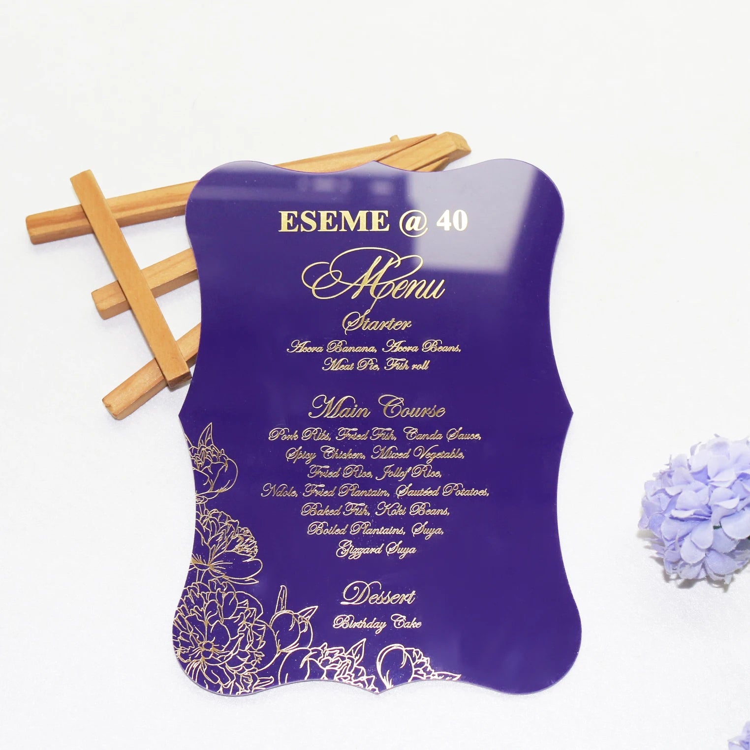 Custom 5X7 Inches Dark Purple Acrylic Menus Classic Gold Foiling Floral Design Luxury Wedding Dinner Menu Cards