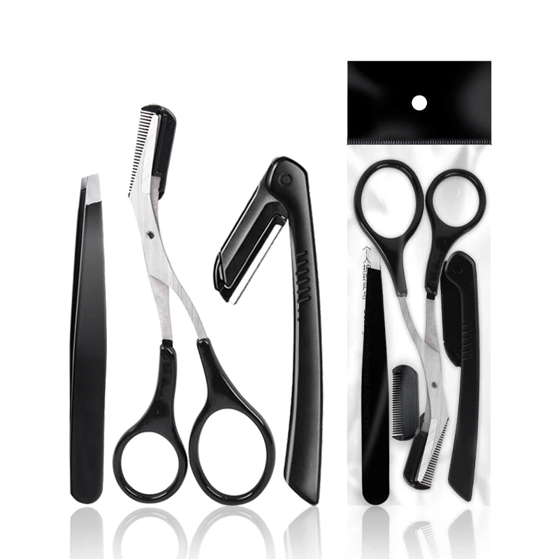 3pcs Black Eco-friendly Personal Care Beauty Makeup Kit Slanted Tip Tweezers Stainless Steel Scissor Razor for Eyebrow Grooming