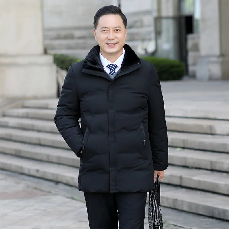 Vintage Style Long Winter Jacket for Men Business Gentleman's Warm Cotton Faux Down with Woolen Stand Collar for Winter