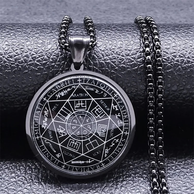 Seven Angels Medal Stainless Steel Glass Pendant Necklace Fashionable Saint Michael Talisman for Couples Christian Zircon