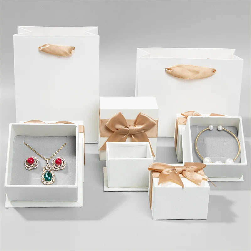 Custom logo Rigid Jewellery Box Packing Ring Bracelet Necklace Earring Paper Cardboard Jewelry Packaging Box With Bowknot