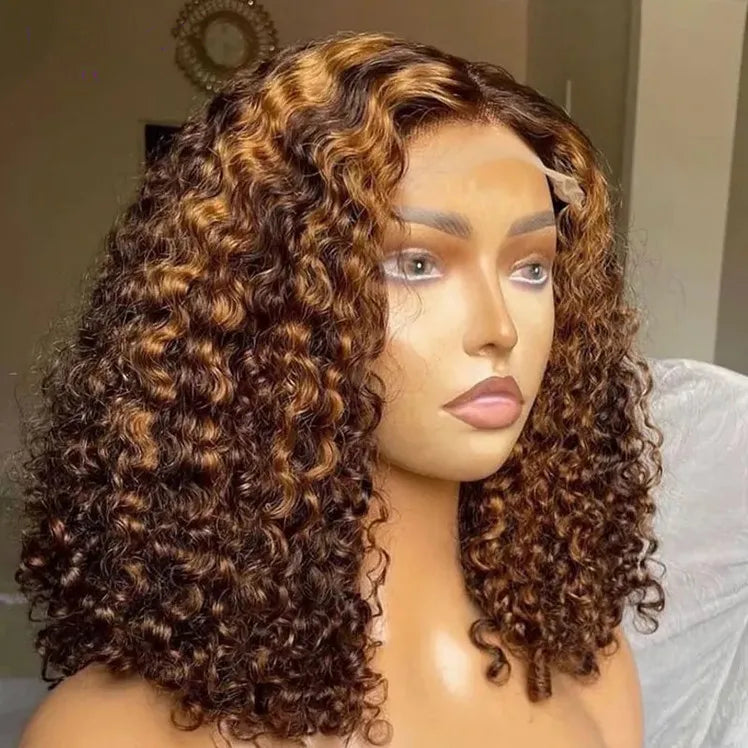 180% Full Density Brown and Blonde Highlight Wigs Lace Front Human Hair Wig Ombre Color P427 Vietnamese Hair Curly Short Bob Wig