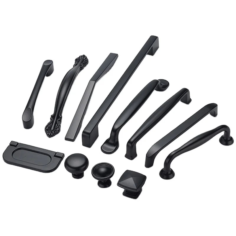 Oukali Wholesale Modern Simple Furniture Cabinet Handle Kitchen Drawer Matt Black Zinc Alloy Cupboard Knobs Pull Handles