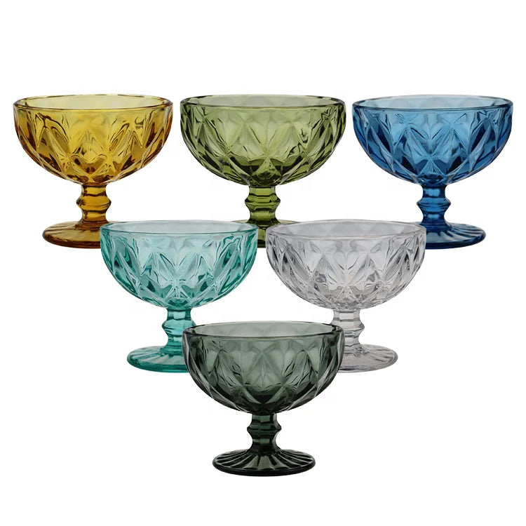 Diamond Design Eco-Friendly Vintage Blue Green Amber Purple Smoke Teal Clear Glass Ice Cream Dessert Footed Bowl