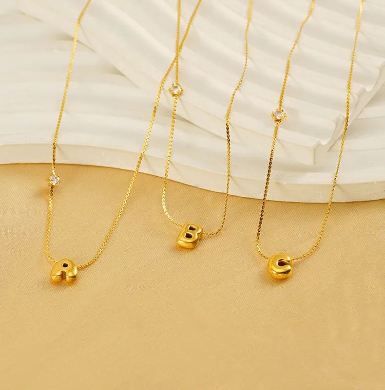 New Trendy Bubble Initial Stainless Steel 18K Gold Zircon Pendant Necklace for Women's Party Occasion