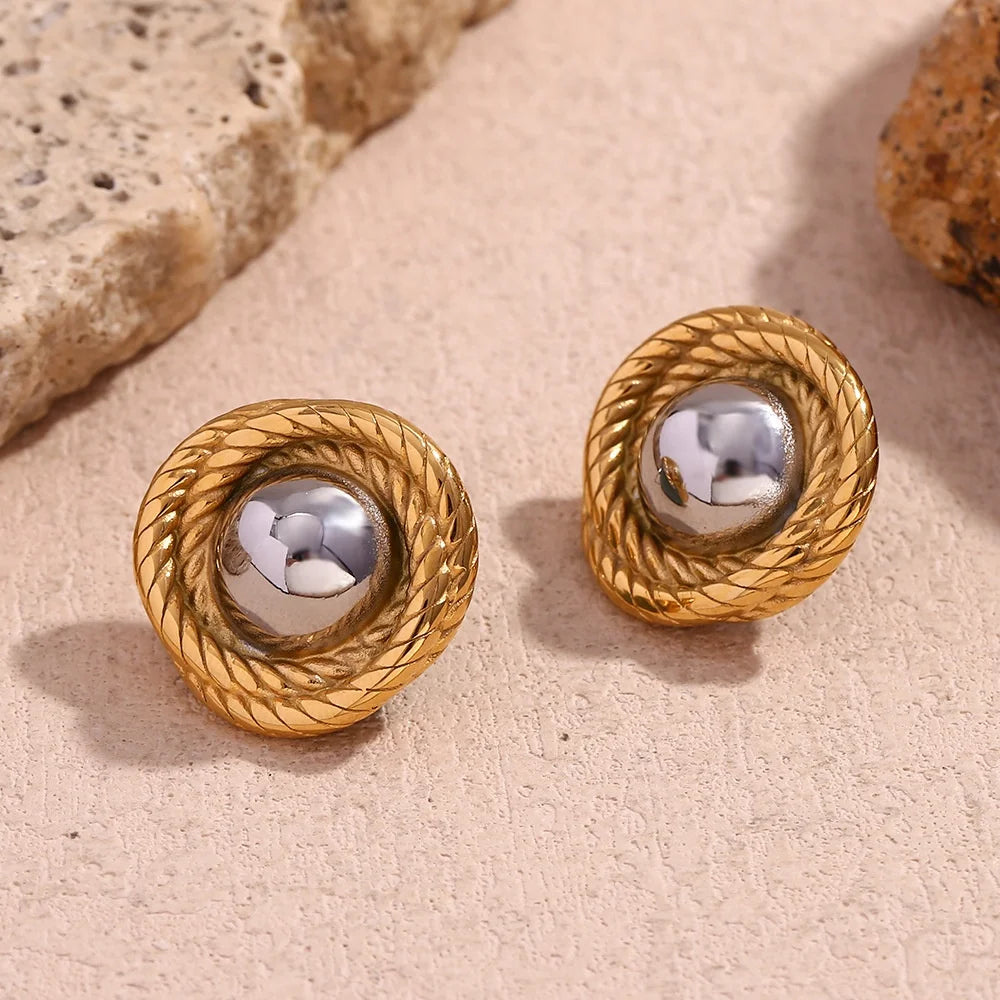 Tarnish Free Fashion Jewelry Gold Stainless Steel Two Colors Earrings Smooth Rope Spiral Texture Round Stud Earrings for Women