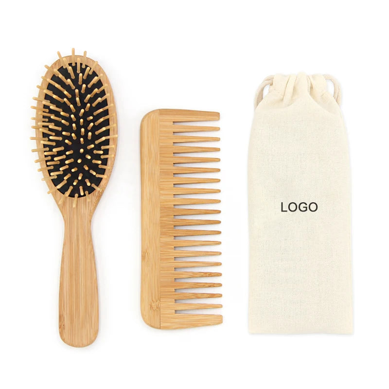 Customized Eco-friendly Bamboo Paddle Detangling Biodegradable Round Shape Hairbrush and Comb Set with Logo for Salon Use