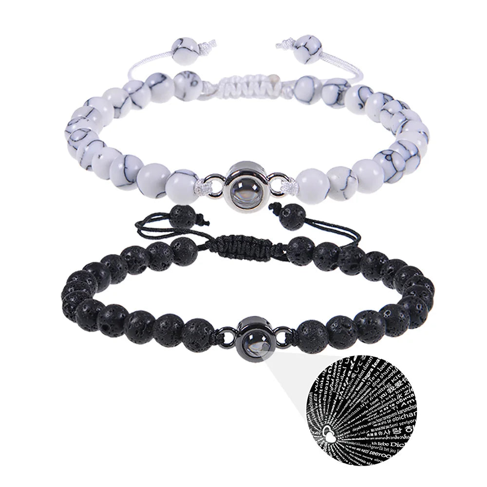 European American 100 Languages Projection Volcanic Stone White Turquoise Fashion Beaded Couple Bracelet 6mm I Love You Jewelry