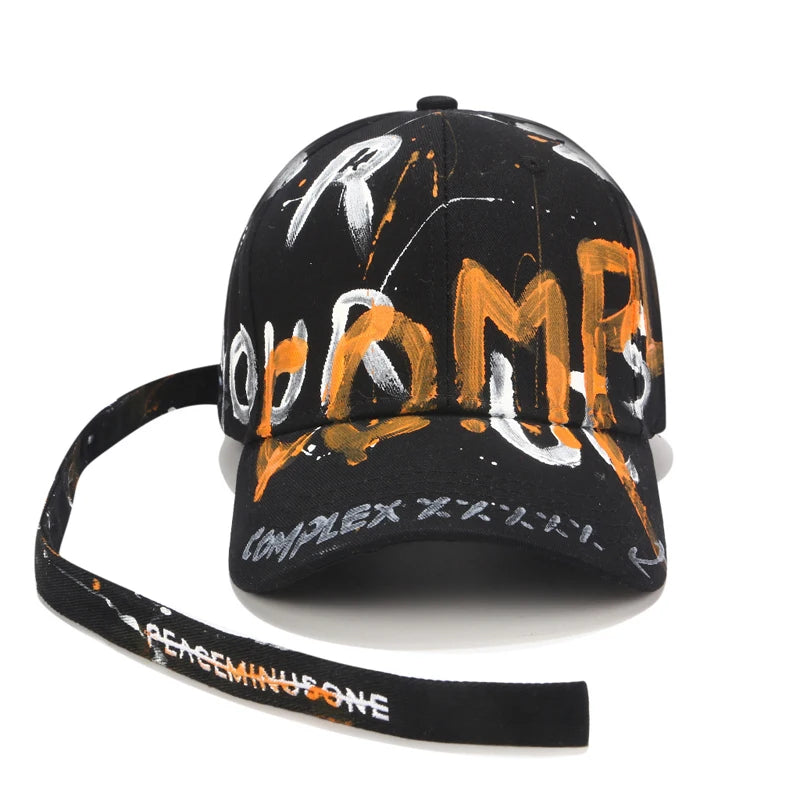 New Fashion Letter Graffiti Black Baseball Hat Men Women Summer Long Belt Sunshade Hat