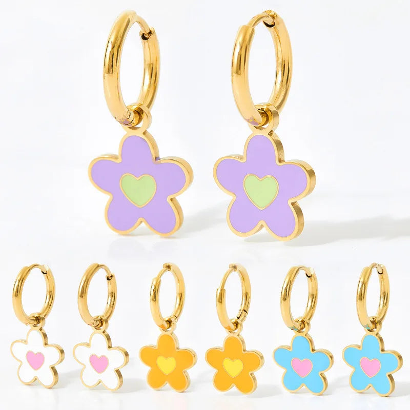 Best Selling Women's Stainless Steel Flower Hoop Earrings Gold-Plated Dripping Love Pendant Trendy Fashion Style