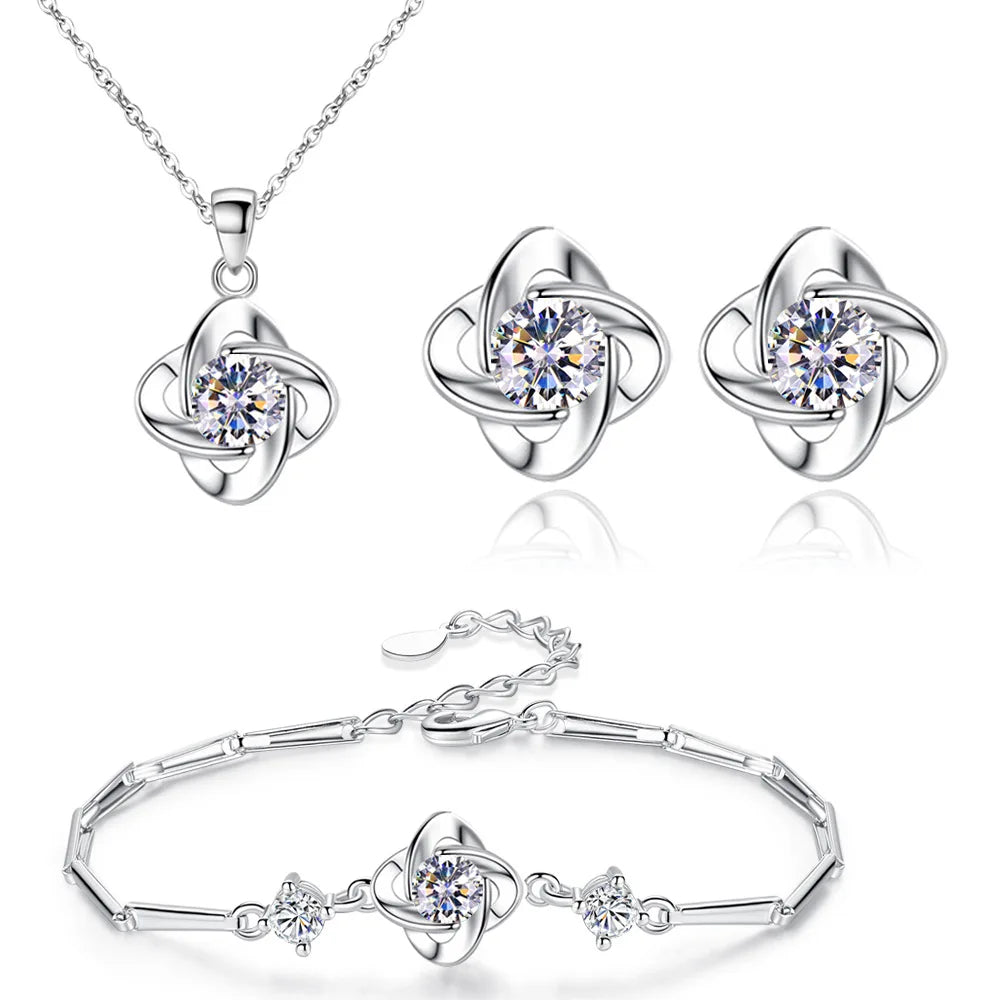 Fashion Silver Plating Earring Bracelet Necklace Women AAA Zirconia Lucky Four Leaf Clover Jewelry Set