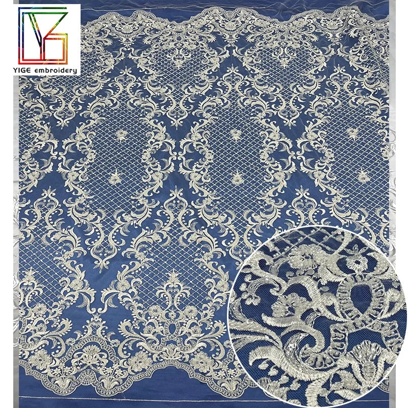 Tulle Mesh Top Quality African Heavy Beaded Luxury White Lace Fabric With Sequins Wedding Bridal Lace Dress Fabric