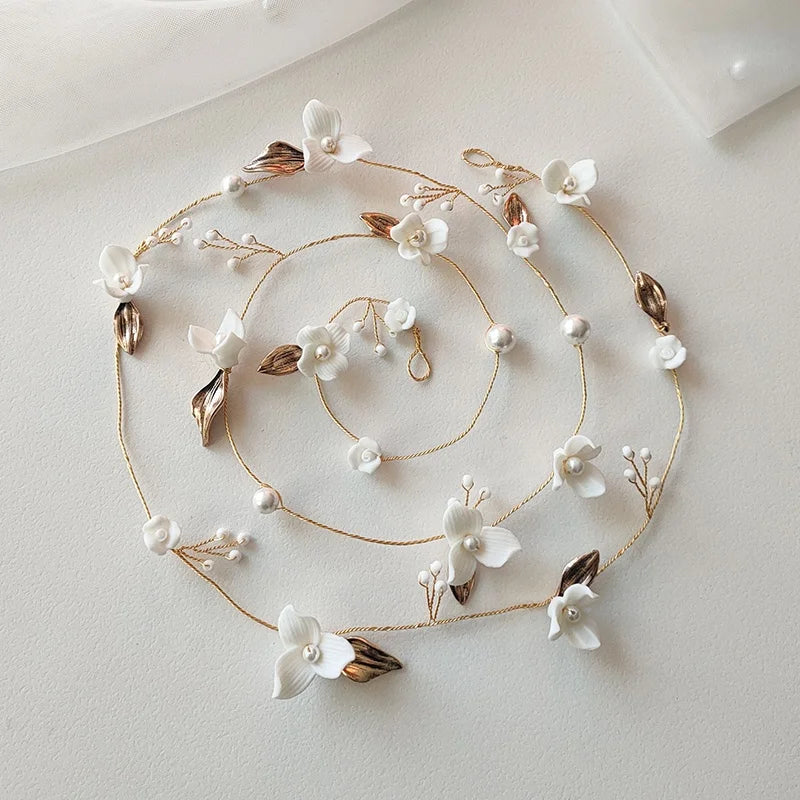 Vintage Rustic Extra Long Headband Hair Vine Ceramic Flower Wedding Hair Accessory for Women Bridal Headpiece