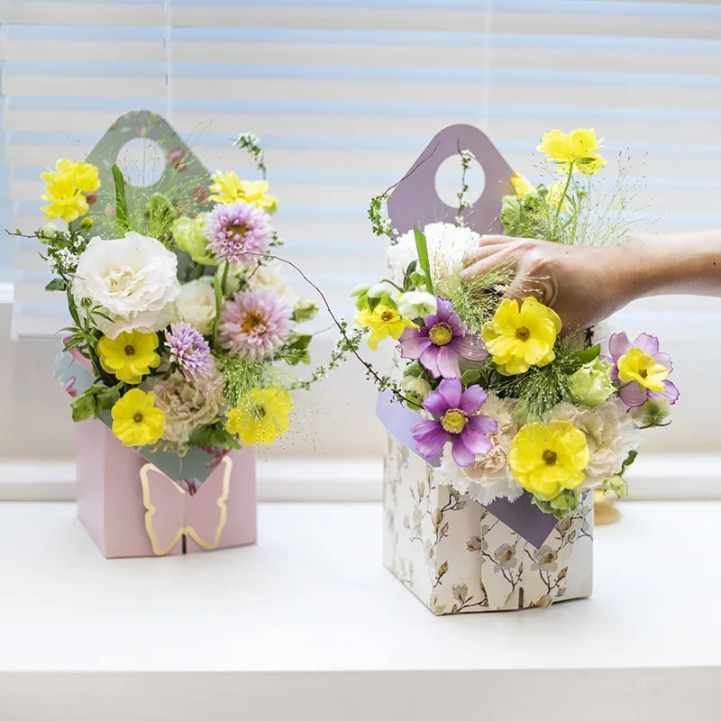 Latest Flower Bag Mother's Day Double-Sided Printing Portable Bouquet Flower Box with Bows