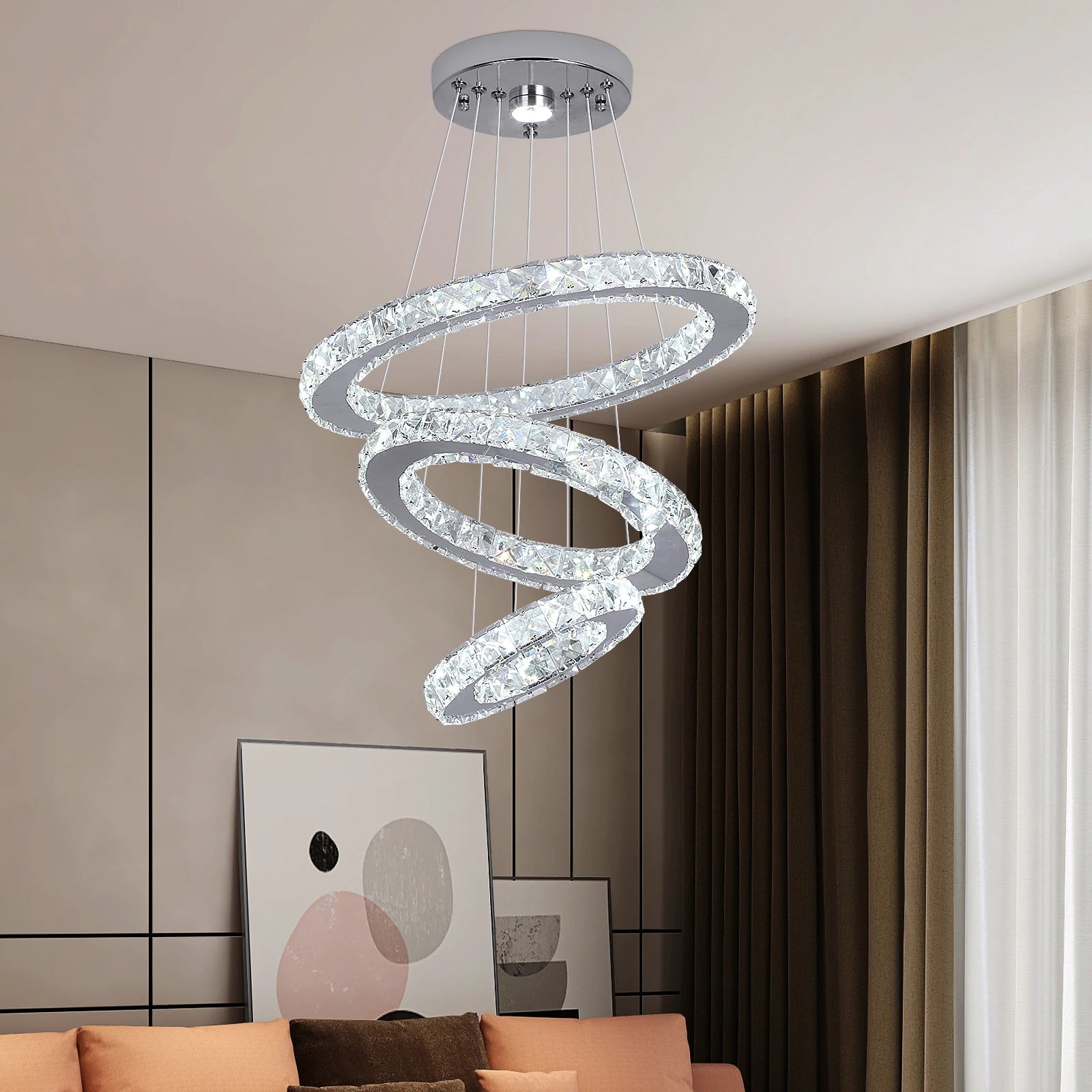 Modern Led Crystal Chandelier Pendant Light 47W Cool White 6000K Customizable Logo 3 Rings 20cm 30cm 40cm 85V-265V
