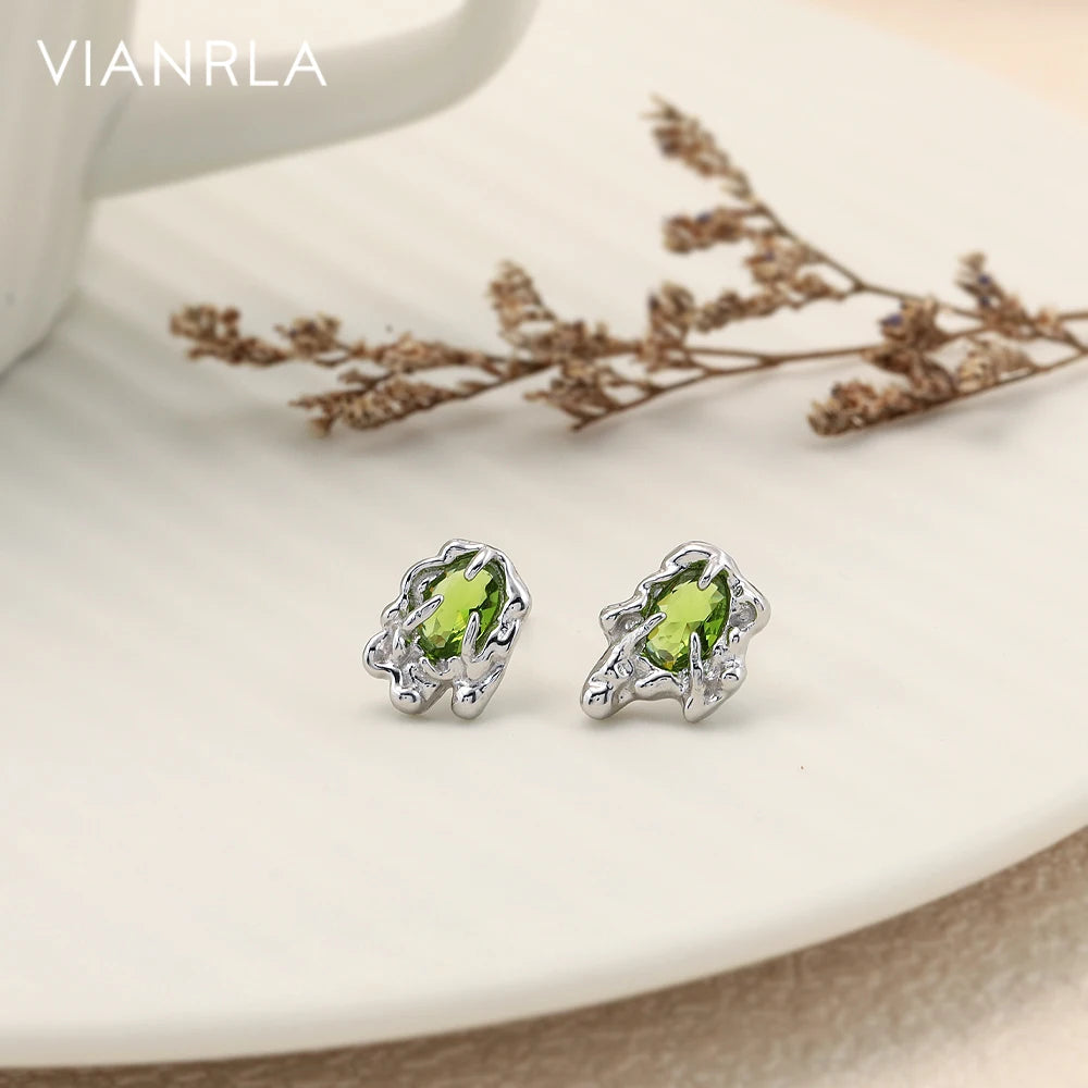 VIANRLA 925 Sterling Silver Green Shinny Zircon Golden Stud Earring