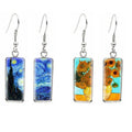 Rectangle Stainless Steel Glass Time Gem Dangle Earrings Romantic Van Gogh Series Abstract Sunflower Starry Sky Earrings Women