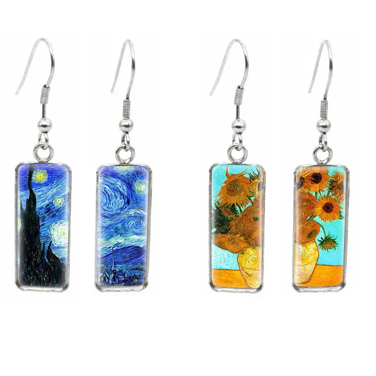 Rectangle Stainless Steel Glass Time Gem Dangle Earrings Romantic Van Gogh Series Abstract Sunflower Starry Sky Earrings Women