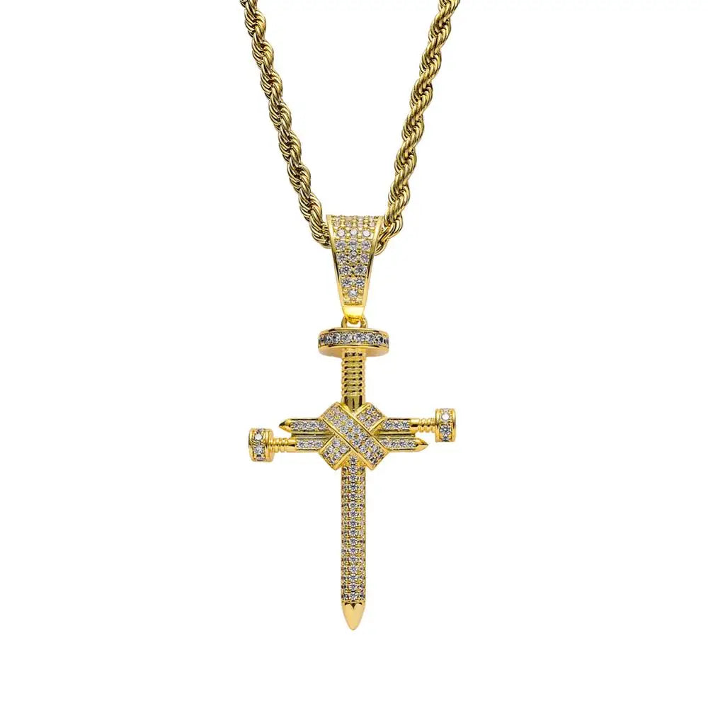 CN133 Brass CZ Cross Pendant Iced Out Hip Hop Necklace with Rope Chain Gold Plated Silver Plated for Men Women Unisex