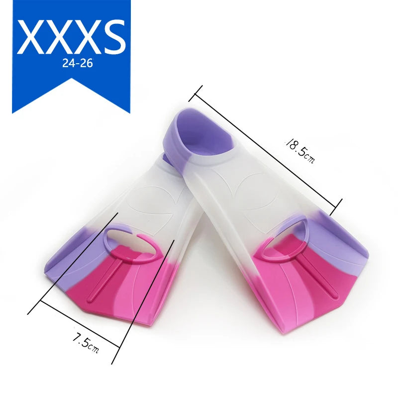 Kids and Adults XXXS to XL Sizes Short Blade Full Foot Pocket Silicone Swimming Fins Training Short Fins