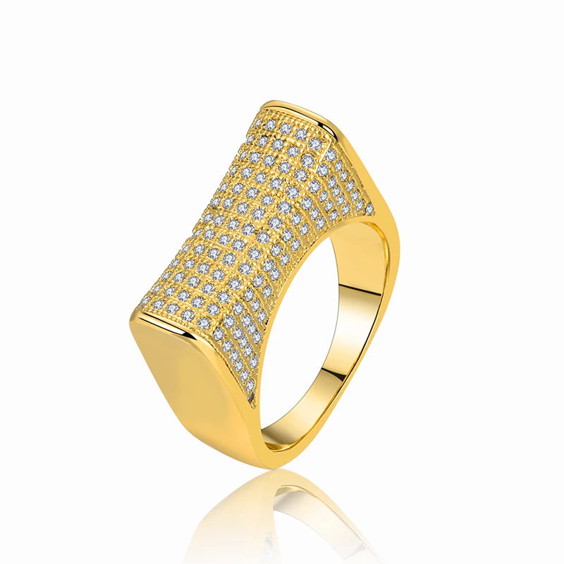 Hip-hop Full Zircon Brass Gold Ice Out Exaggerated Big Gemstone Ring for Men and Women