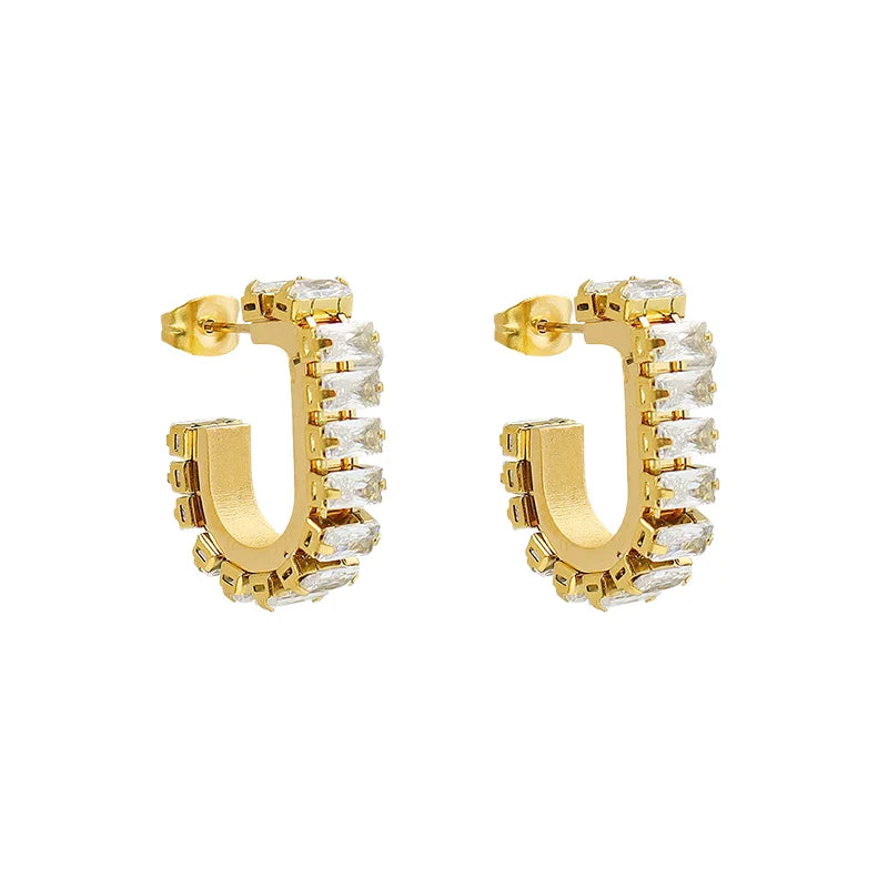 Stainless Steel Jewelry 18K Gold Plated Luxury Square Zircon Pave CC Hoop Earrings