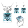 Classic Engagement Big Sky Blue Gemstone Bride Rings Earring Necklace Pendant Square Aquamarine Sterling Silver Vintage