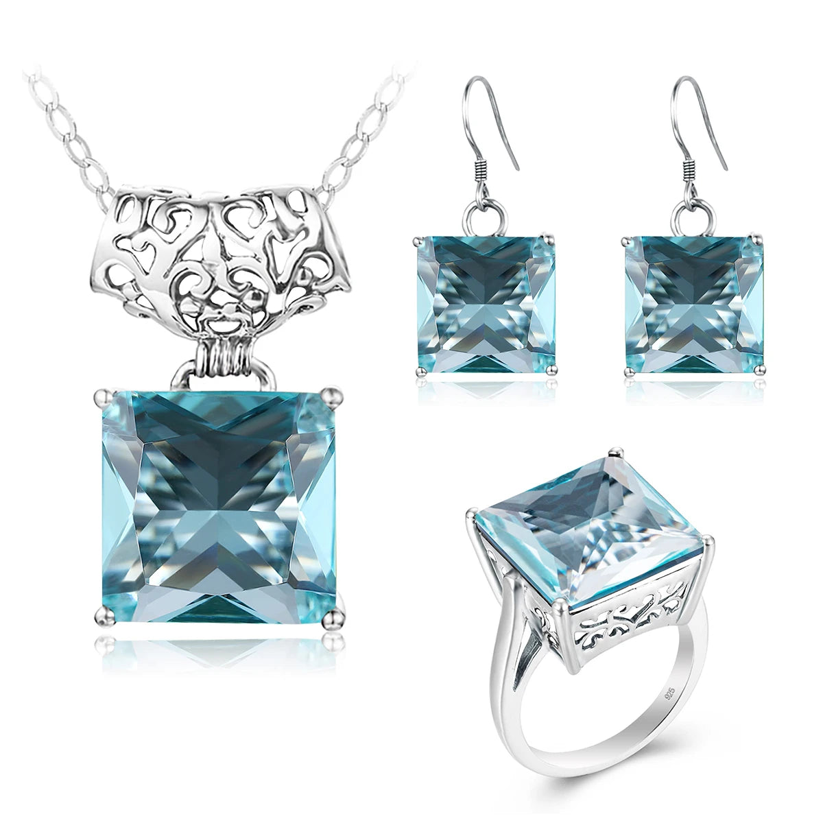 Classic Engagement Big Sky Blue Gemstone Bride Rings Earring Necklace Pendant Square Aquamarine Sterling Silver Vintage