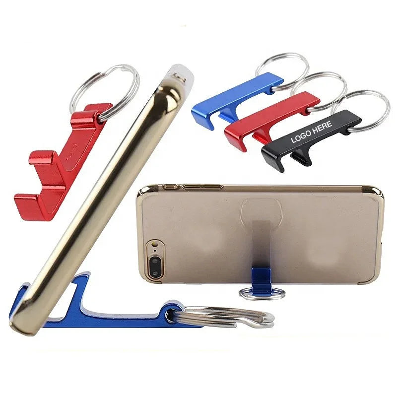 Custom Logo 3 in 1 Multifunction Aluminum Alloy Phone Holder Beer Bottle Opener Keychain